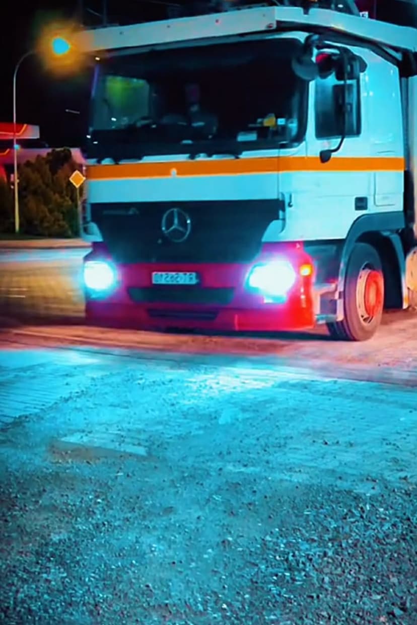 Mercedes Actros truck at night